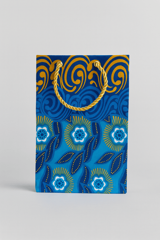 Ethnic, Fabric, Patterned, Handmade Dark Blue, Blue, Light Blue, White, and Gold Small Bag - Gezia Accents