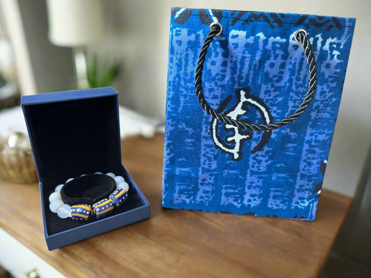 Ethnic, Fabric, Patterned, Handmade Dark Blue, Light Blue, Black and White Extra Small Bag - Gezia Accents