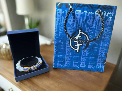 Ethnic, Fabric, Patterned, Handmade Dark Blue, Light Blue, Black and White Extra Small Bag - Gezia Accents