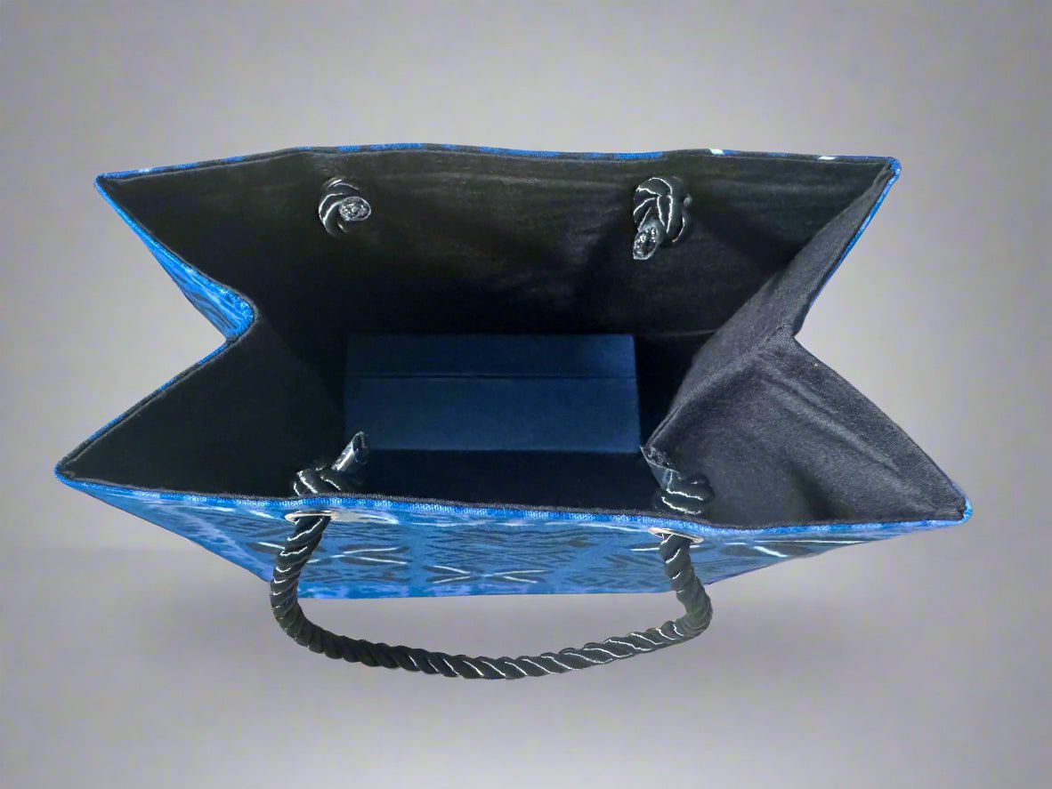 Ethnic, Fabric, Patterned, Handmade Dark Blue, Light Blue, Black and White Extra Small Bag - Gezia Accents