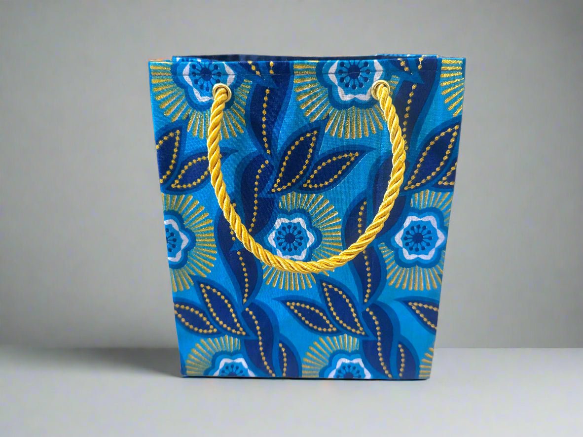 Ethnic, Fabric, Patterned, Handmade Dark Blue, Light Blue, Blue, Gold and White Extra Small Bag (Copy) - Gezia Accents