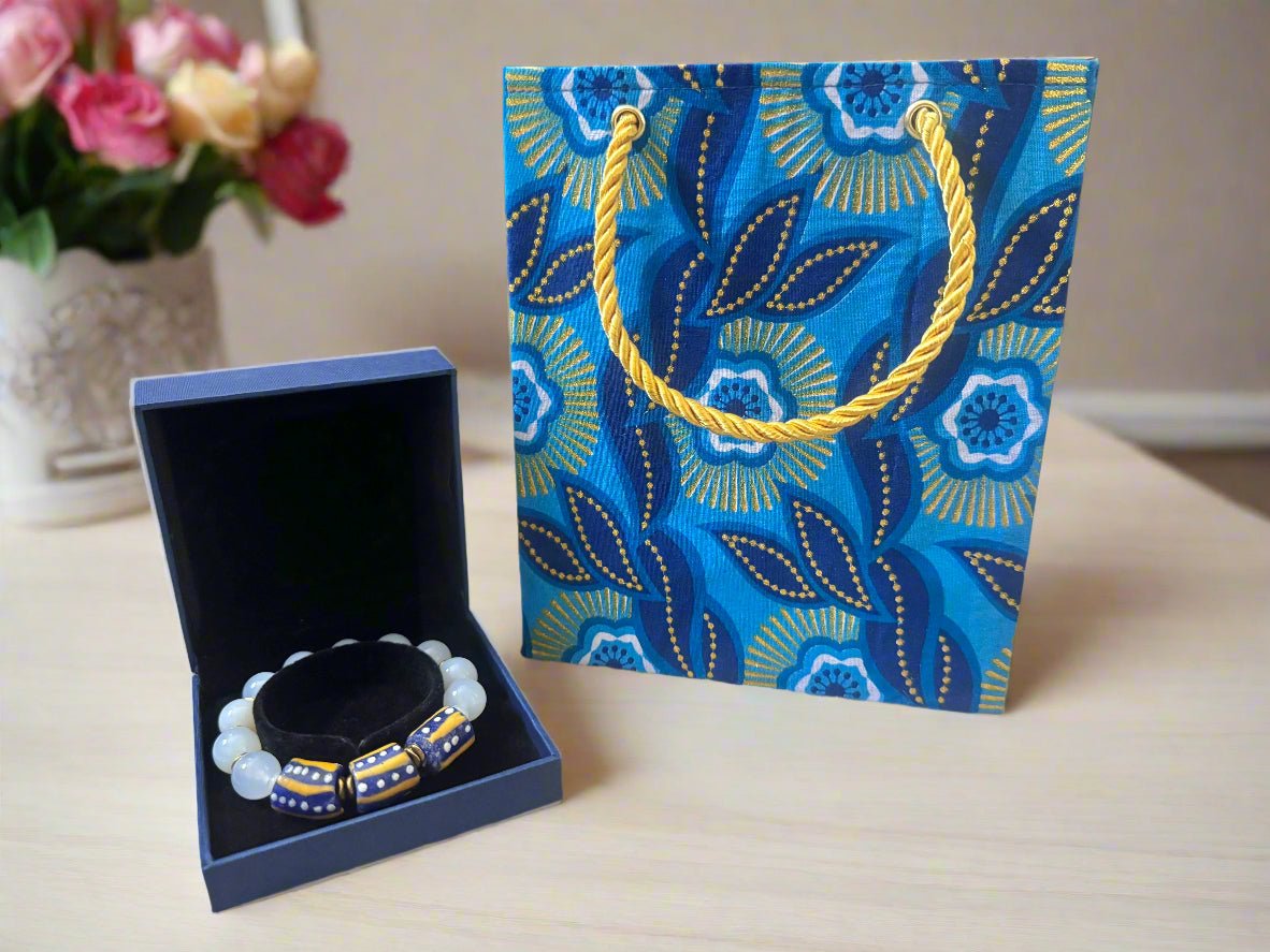 Ethnic, Fabric, Patterned, Handmade Dark Blue, Light Blue, Blue, Gold and White Extra Small Bag (Copy) - Gezia Accents