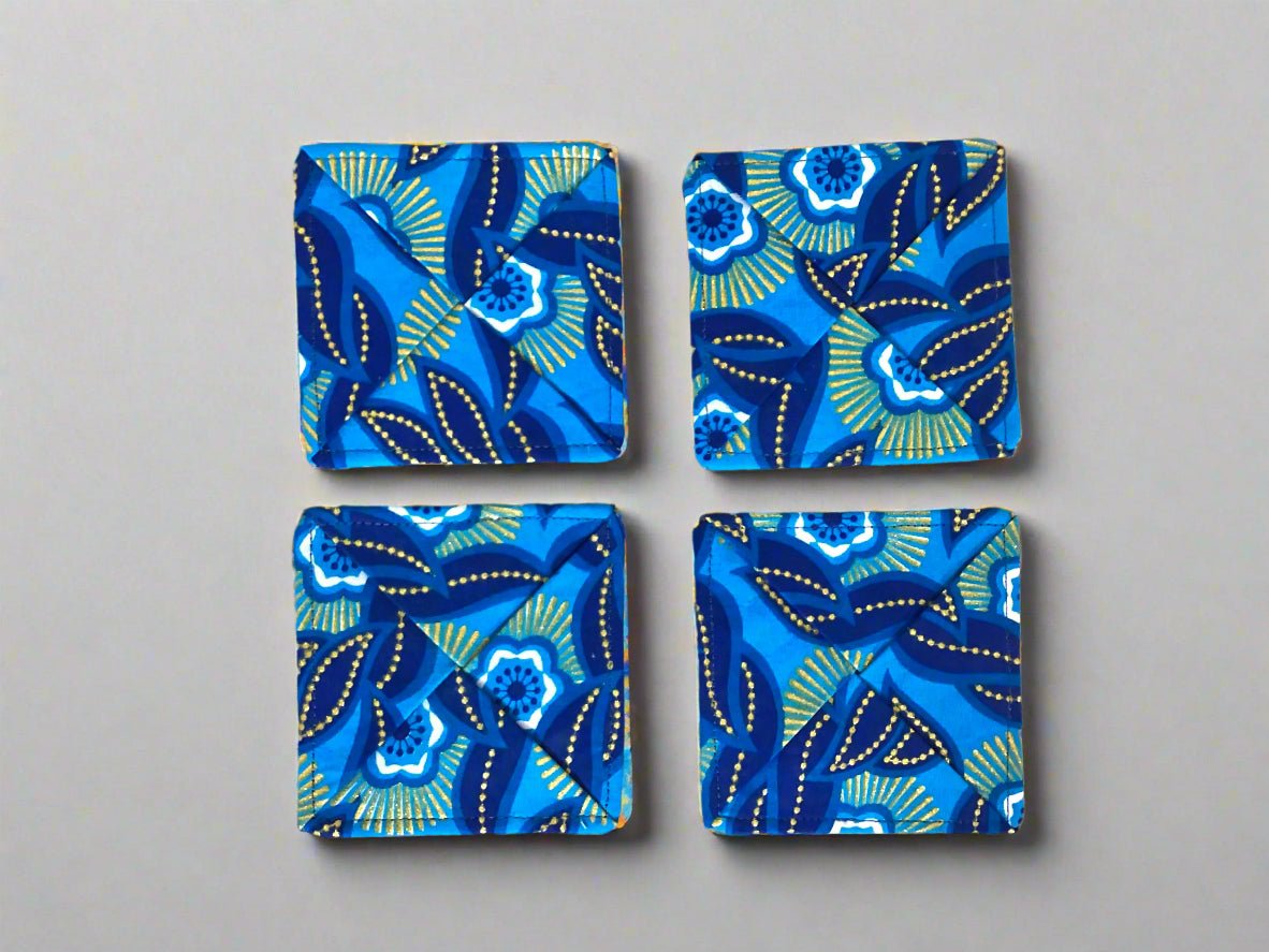 Ethnic, Fabric, Patterned, Handmade Dark Blue, Light Blue, Blue, White and Gold Coasters - Gezia Accents