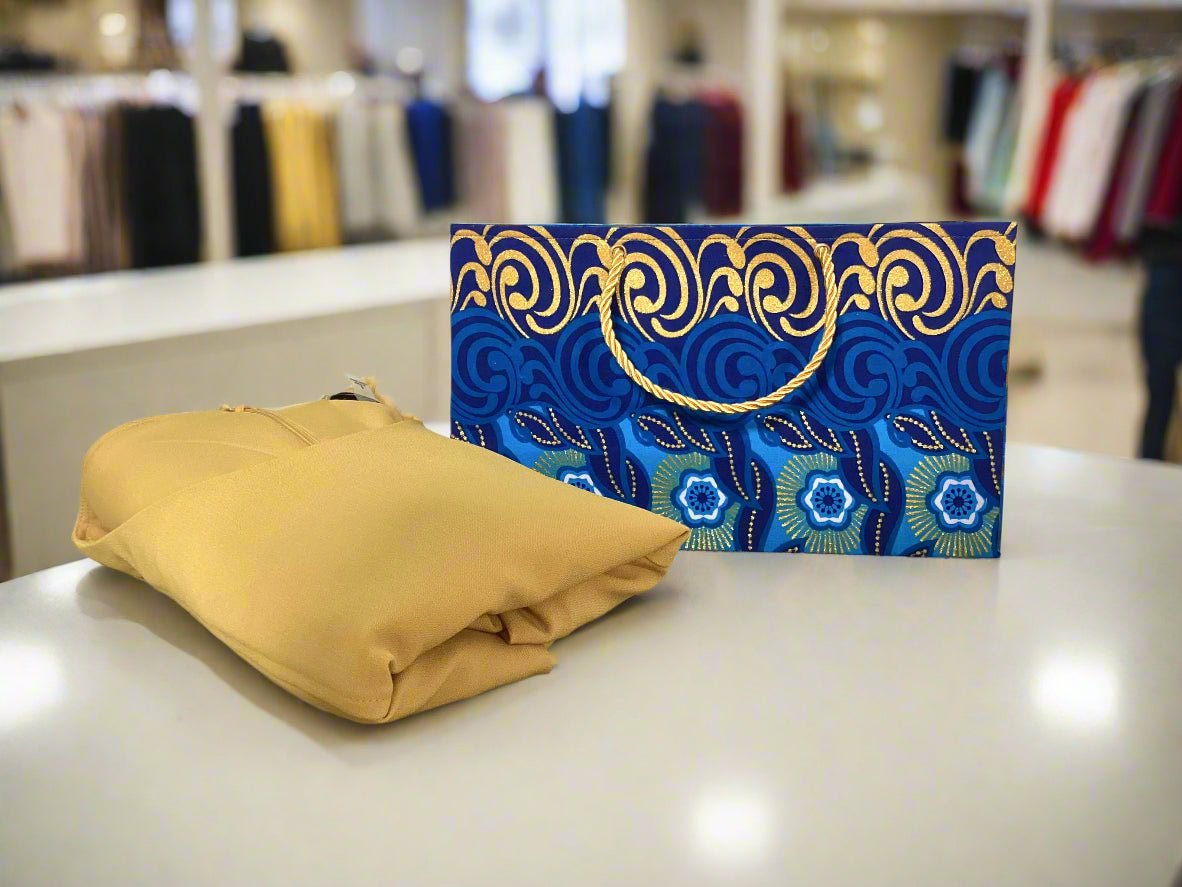 Ethnic, Fabric, Patterned, Handmade Dark Blue, Light Blue, White and Gold Medium Horizontal Bag - Gezia Accents