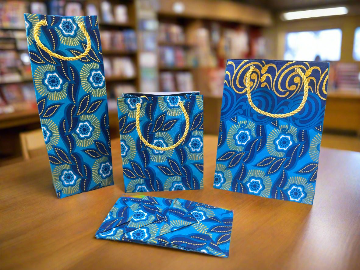 Ethnic, Fabric, Patterned, Handmade Dark Blue, Light Blue, White and Gold Medium Horizontal Bag - Gezia Accents