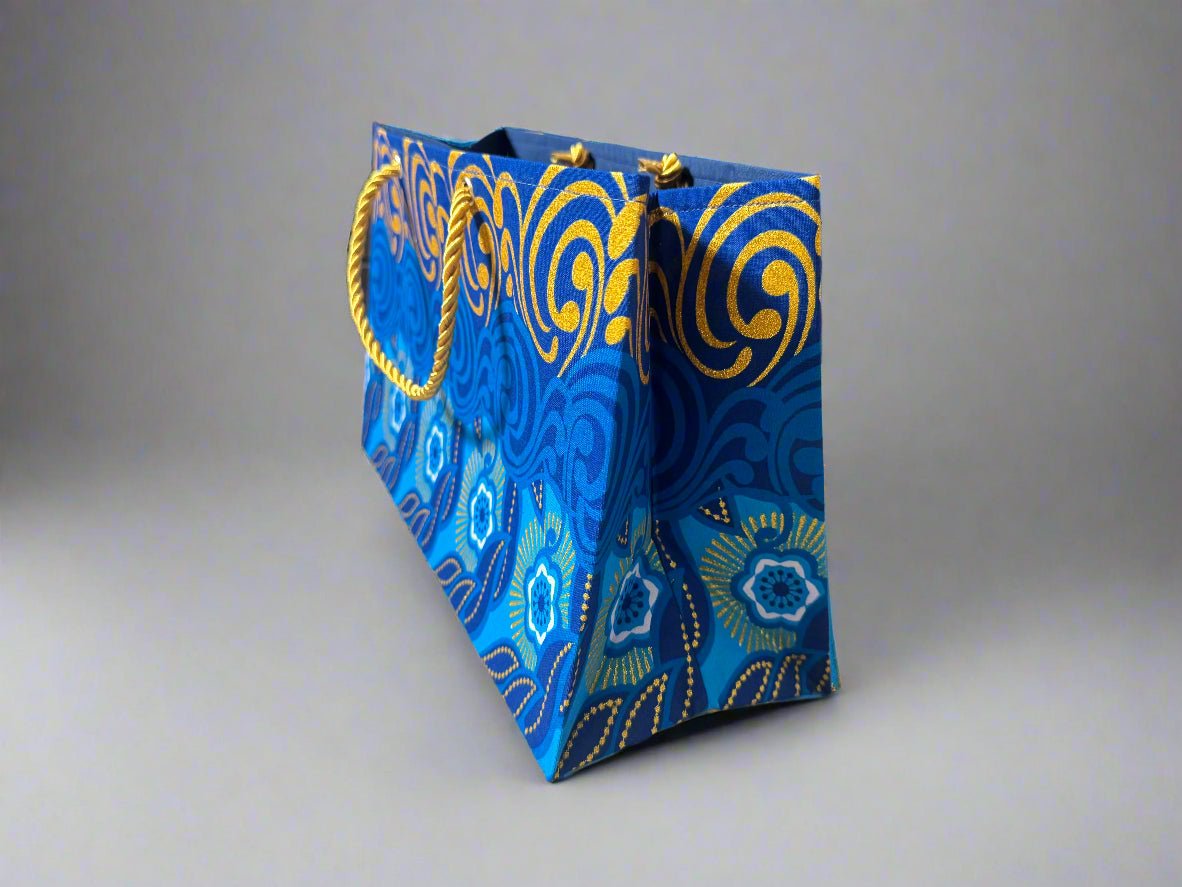 Ethnic, Fabric, Patterned, Handmade Dark Blue, Light Blue, White and Gold Medium Horizontal Bag - Gezia Accents