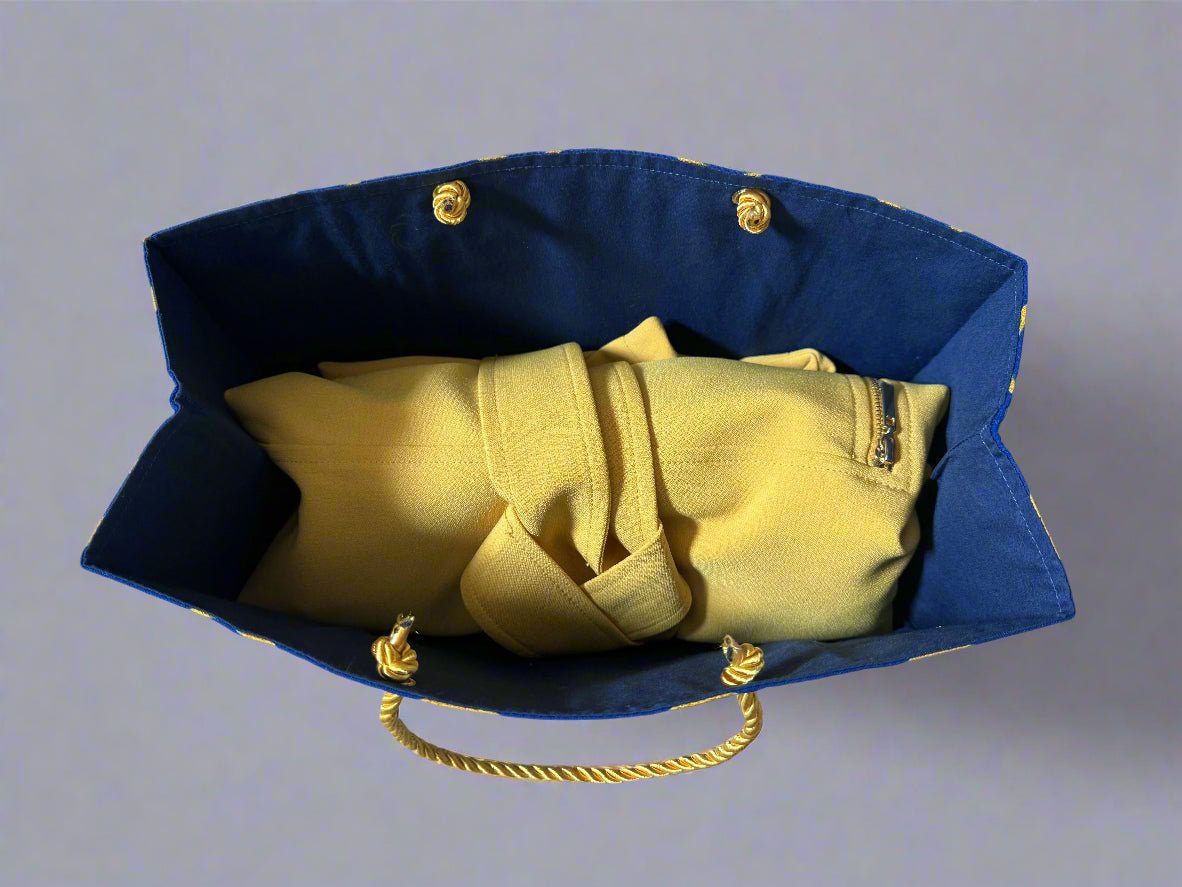 Ethnic, Fabric, Patterned, Handmade Dark Blue, Light Blue, White and Gold Medium Horizontal Bag - Gezia Accents