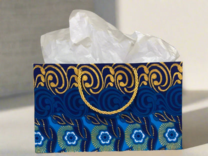 Ethnic, Fabric, Patterned, Handmade Dark Blue, Light Blue, White and Gold Medium Horizontal Bag - Gezia Accents