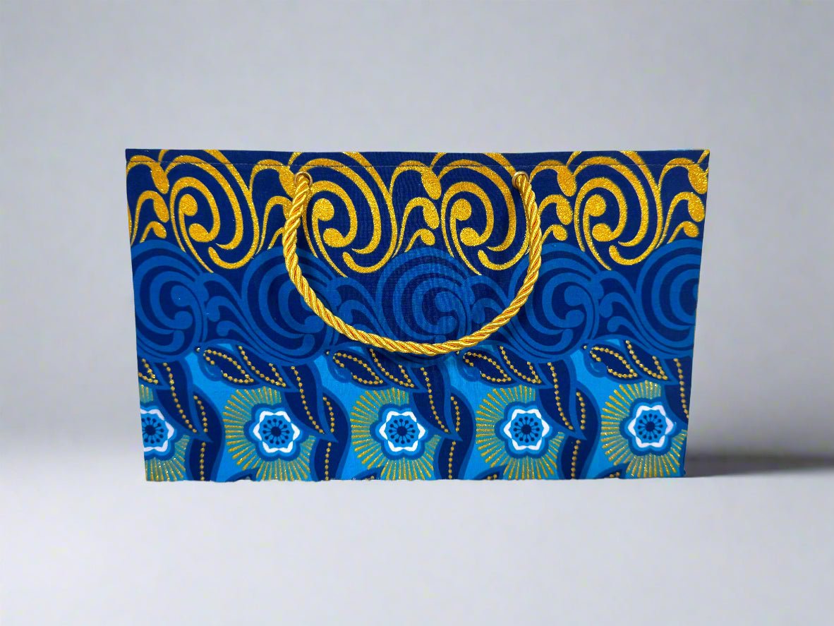 Ethnic, Fabric, Patterned, Handmade Dark Blue, Light Blue, White and Gold Medium Horizontal Bag - Gezia Accents