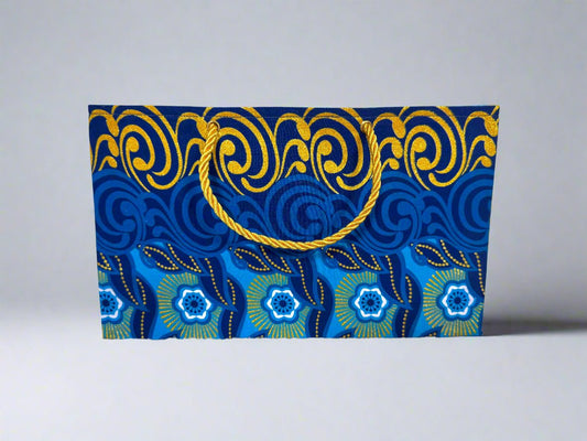 Ethnic, Fabric, Patterned, Handmade Dark Blue, Light Blue, White and Gold Medium Horizontal Bag - Gezia Accents