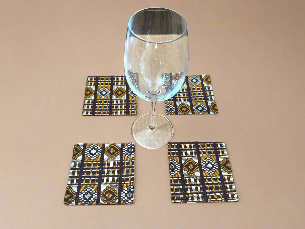 Ethnic, Fabric, Patterned, Handmade Dark Brown, Beige, and Gold Coasters - Gezia Accents