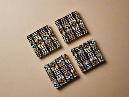 Ethnic, Fabric, Patterned, Handmade Dark Brown, Beige, and Gold Coasters - Gezia Accents