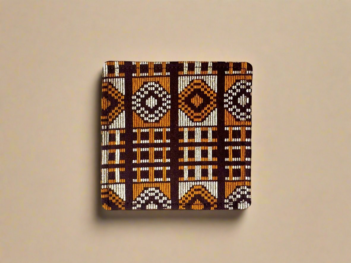 Ethnic, Fabric, Patterned, Handmade Dark Brown, Beige, and Gold Coasters - Gezia Accents