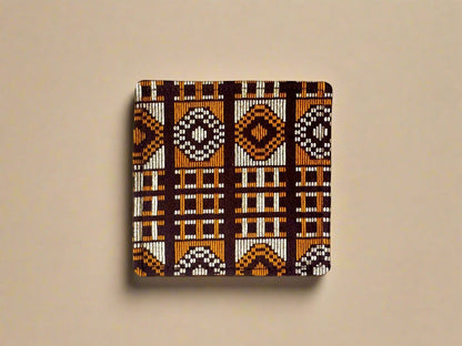 Ethnic, Fabric, Patterned, Handmade Dark Brown, Beige, and Gold Coasters - Gezia Accents