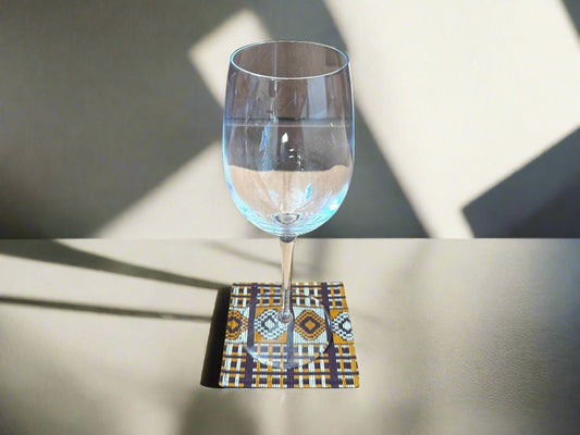 Ethnic, Fabric, Patterned, Handmade Dark Brown, Beige, and Gold Coasters - Gezia Accents