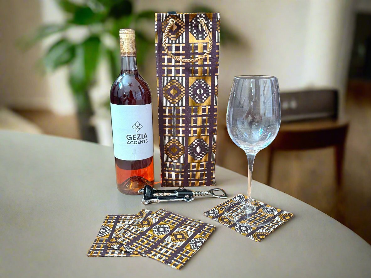 Ethnic, Fabric, Patterned, Handmade Dark Brown, Beige, and Gold Coasters - Gezia Accents