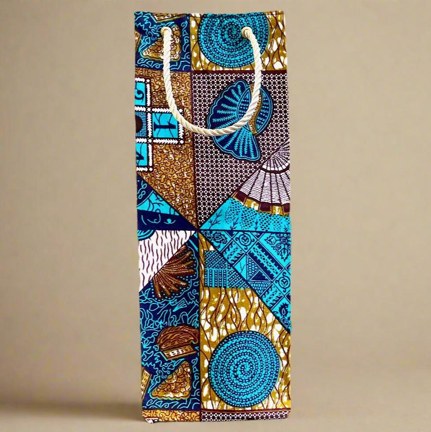 Ethnic, Fabric, Patterned, Handmade Dark Brown, Beige, Green, and Cream Wine Gift Bag - Gezia Accents