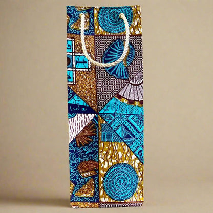 Ethnic, Fabric, Patterned, Handmade Dark Brown, Beige, Green, and Cream Wine Gift Bag - Gezia Accents