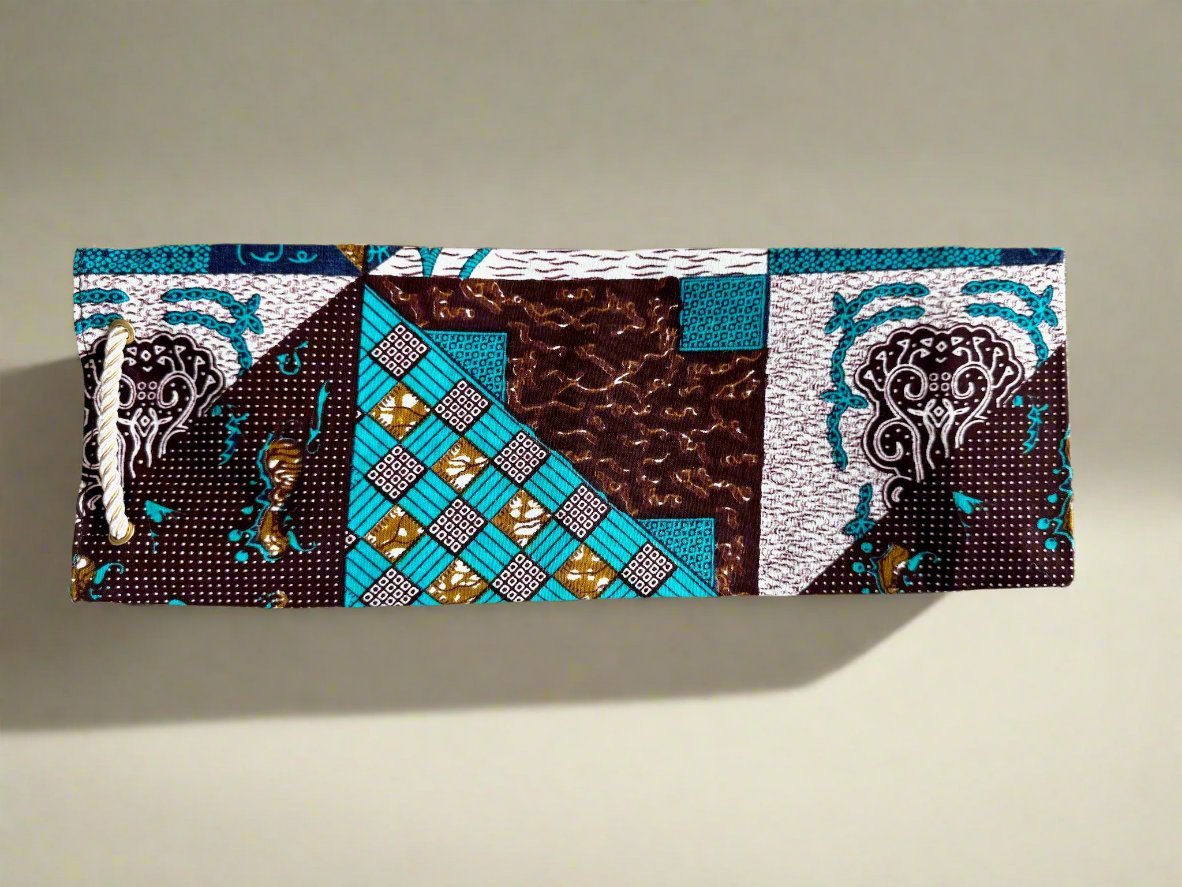 Ethnic, Fabric, Patterned, Handmade Dark Brown, Beige, Green, and Cream Wine Gift Bag - Gezia Accents