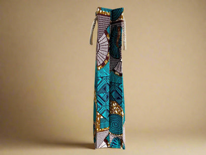 Ethnic, Fabric, Patterned, Handmade Dark Brown, Beige, Green, and Cream Wine Gift Bag - Gezia Accents