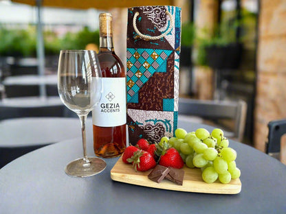 Ethnic, Fabric, Patterned, Handmade Dark Brown, Beige, Green, and Cream Wine Gift Bag - Gezia Accents