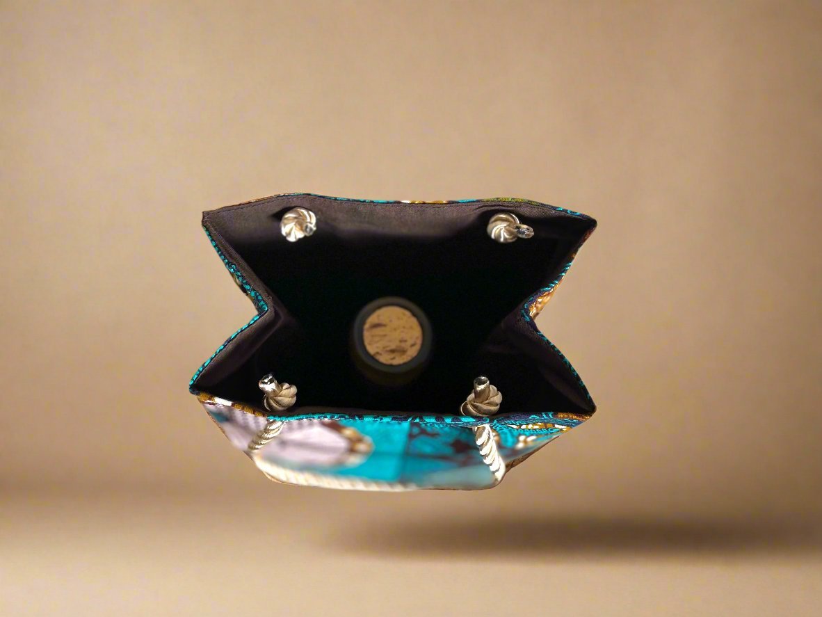 Ethnic, Fabric, Patterned, Handmade Dark Brown, Beige, Green, and Cream Wine Gift Bag - Gezia Accents