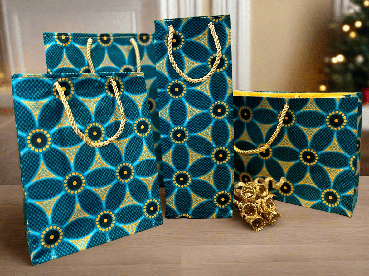 Ethnic, Fabric, Patterned, Handmade Dark Green, Green and Gold Wine Gift Bag - Gezia Accents