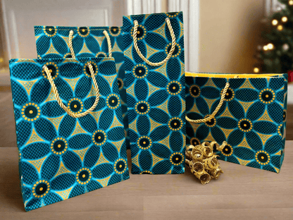 Ethnic, Fabric, Patterned, Handmade Dark Green, Green and Gold Wine Gift Bag - Gezia Accents