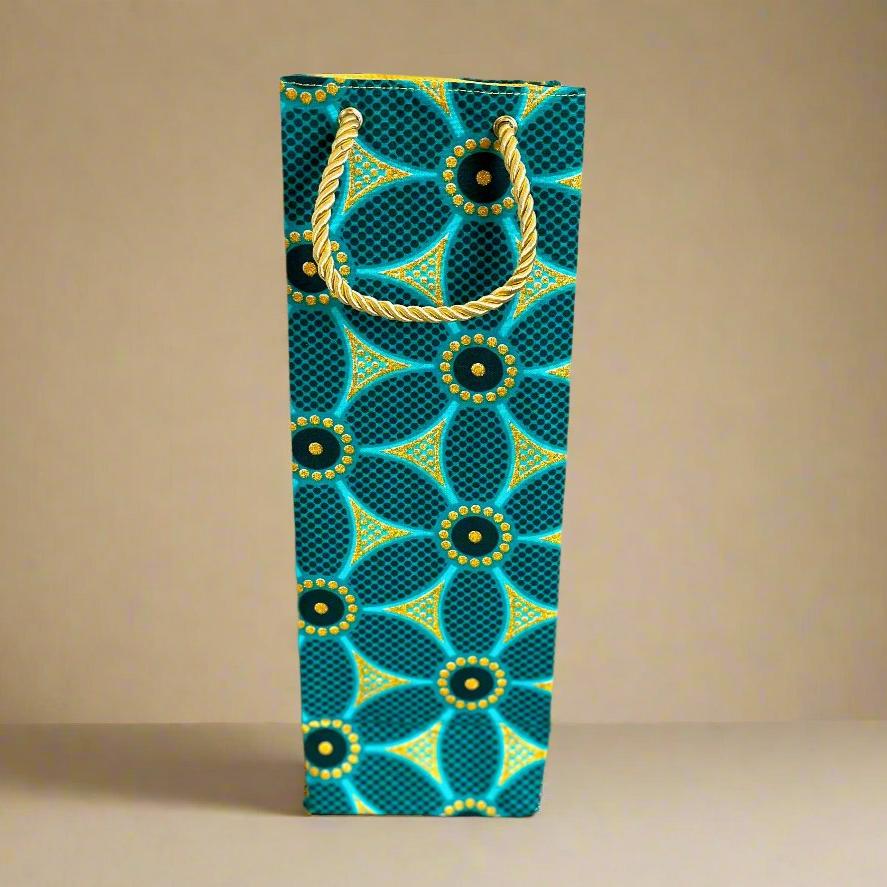 Ethnic, Fabric, Patterned, Handmade Dark Green, Green and Gold Wine Gift Bag - Gezia Accents