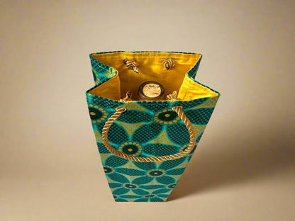 Ethnic, Fabric, Patterned, Handmade Dark Green, Green and Gold Wine Gift Bag - Gezia Accents