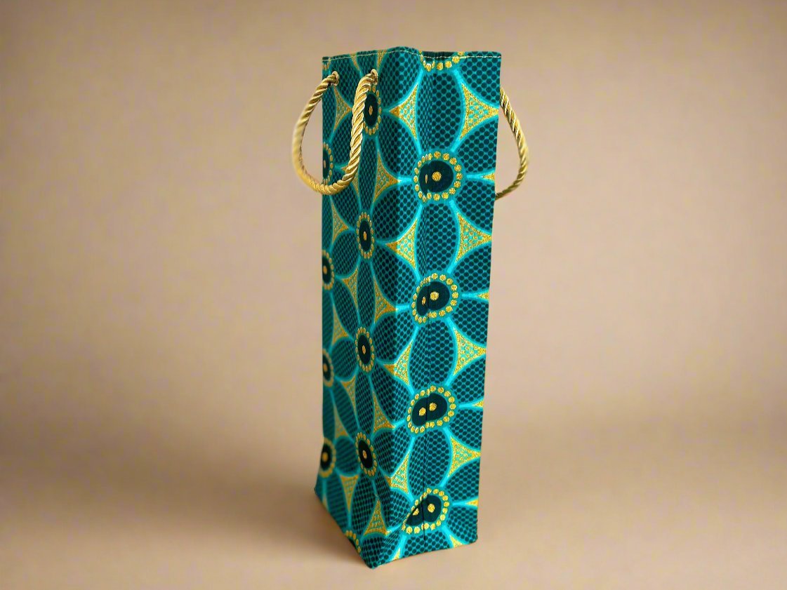 Ethnic, Fabric, Patterned, Handmade Dark Green, Green and Gold Wine Gift Bag - Gezia Accents