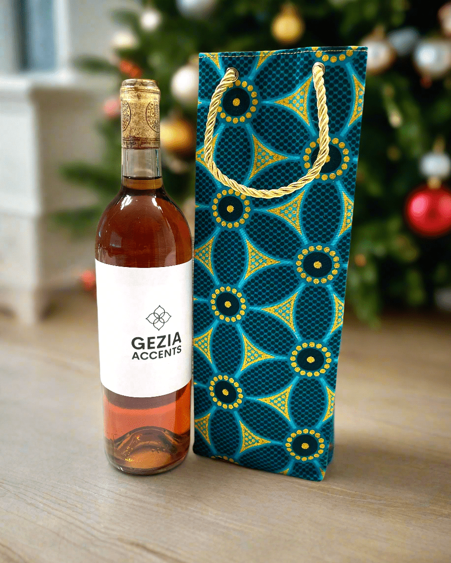 Ethnic, Fabric, Patterned, Handmade Dark Green, Green and Gold Wine Gift Bag - Gezia Accents