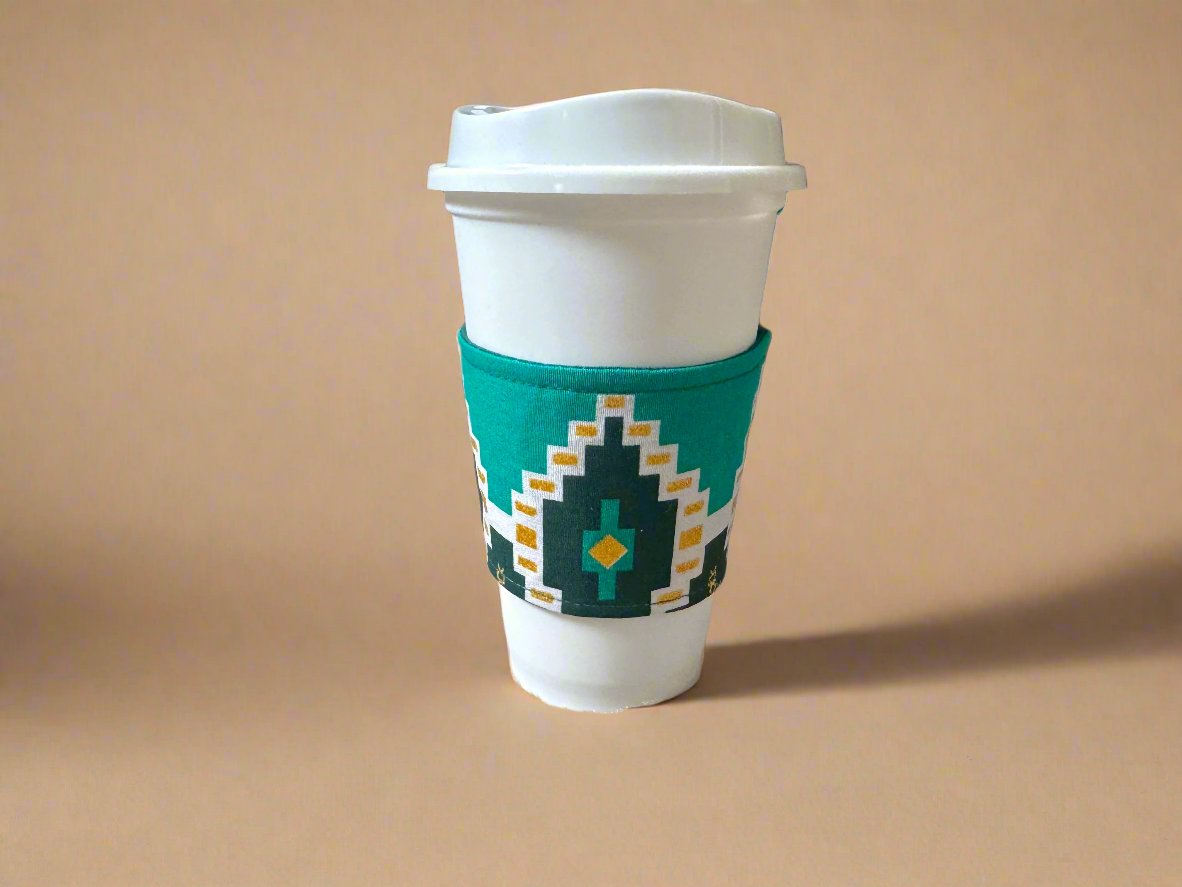 Ethnic, Fabric, Patterned, Handmade Dark Green, Green, White and Gold Cup Sleeve - Gezia Accents