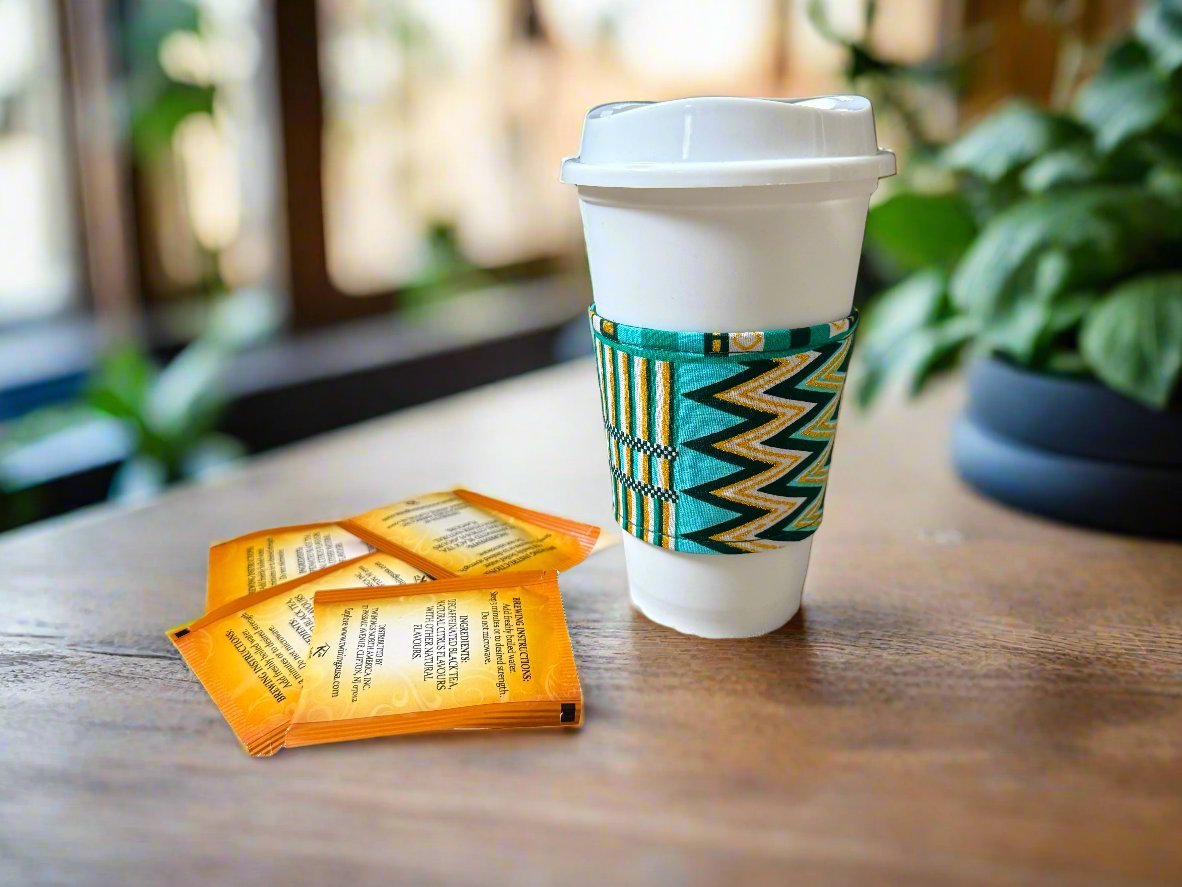 Ethnic, Fabric, Patterned, Handmade Dark Green, Green, White and Gold Cup Sleeve - Gezia Accents