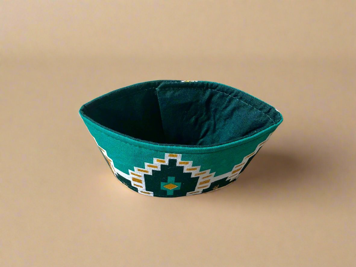 Ethnic, Fabric, Patterned, Handmade Dark Green, Green, White and Gold Cup Sleeve - Gezia Accents