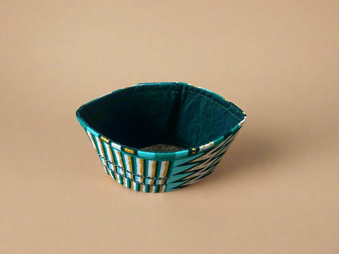 Ethnic, Fabric, Patterned, Handmade Dark Green, Green, White and Gold Cup Sleeve - Gezia Accents