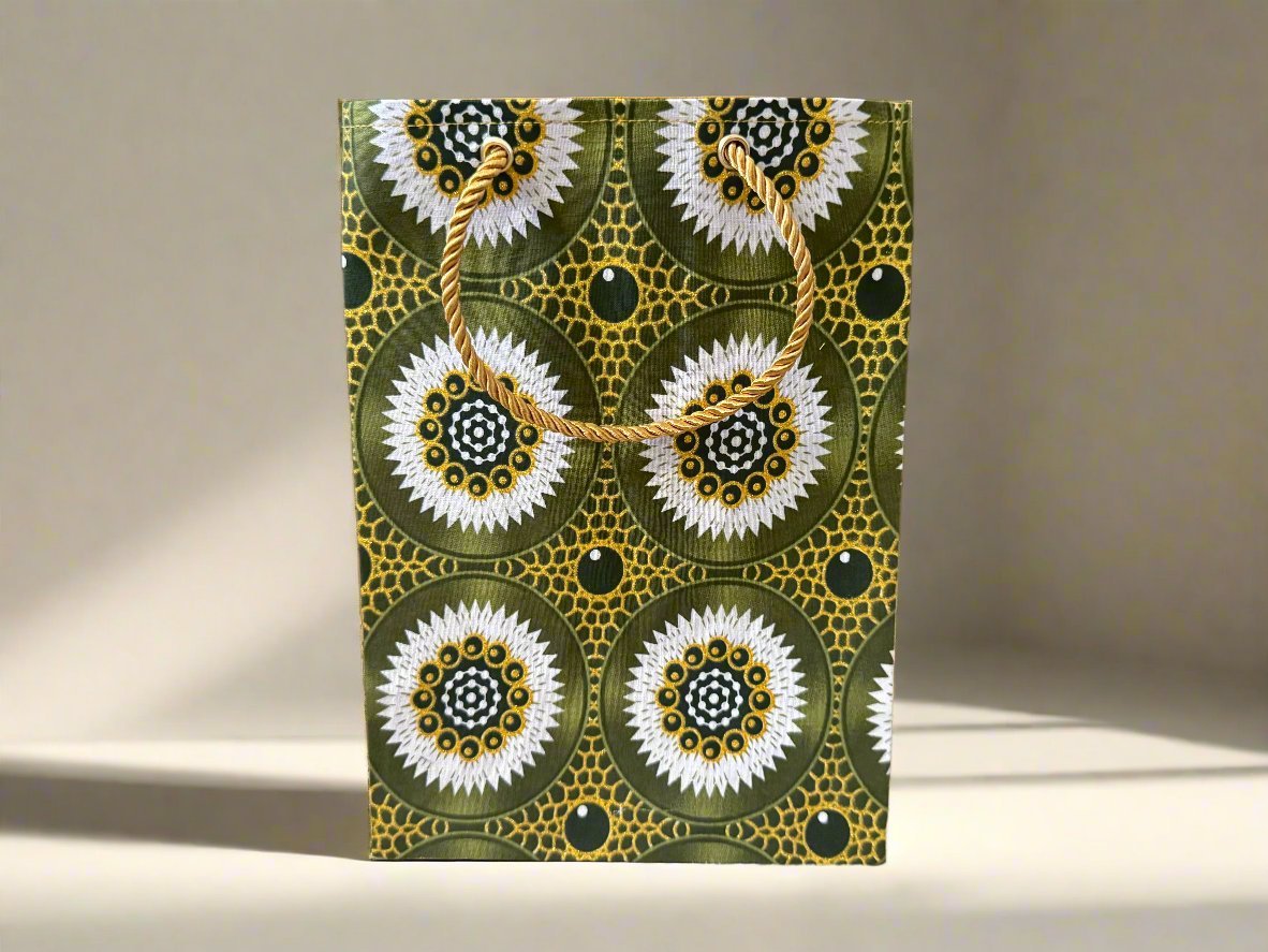 Ethnic, Fabric, Patterned, Handmade Dark Green, Green, White, and Gold Medium Bag - Gezia Accents