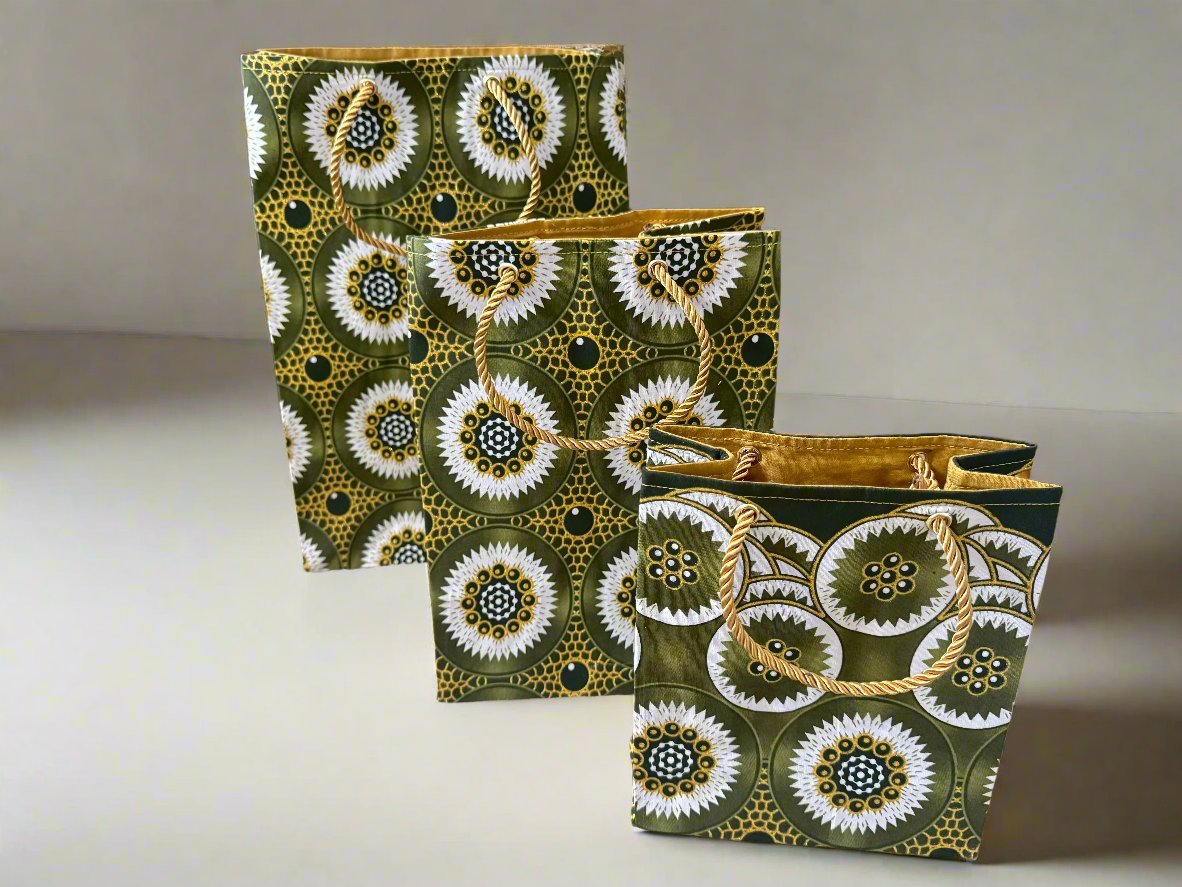 Ethnic, Fabric, Patterned, Handmade Dark Green, Green, White, and Gold Medium Bag - Gezia Accents