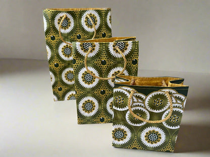 Ethnic, Fabric, Patterned, Handmade Dark Green, Green, White, and Gold Medium Bag - Gezia Accents