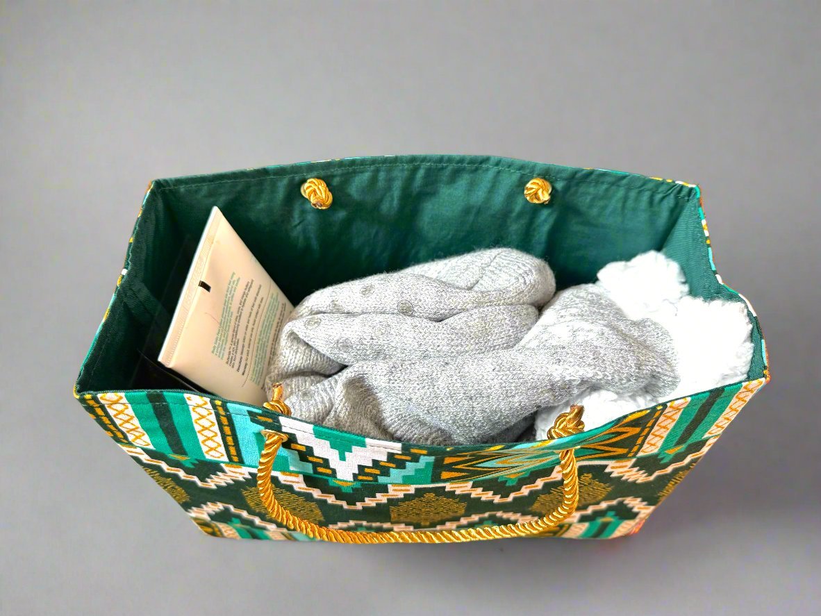 Ethnic, Fabric, Patterned, Handmade Dark Green, Green, White and Gold Small Wardrobe Bag - Gezia Accents