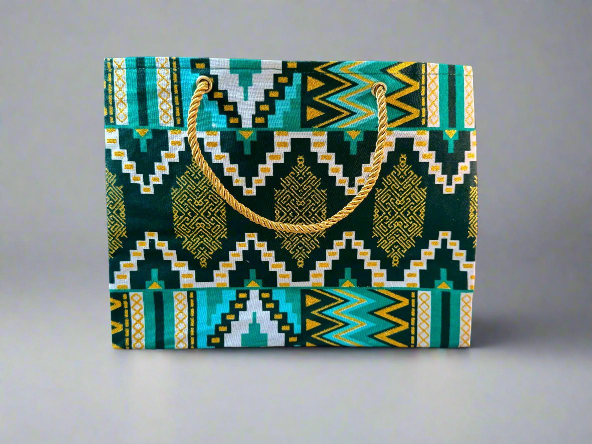Ethnic, Fabric, Patterned, Handmade Dark Green, Green, White and Gold Small Wardrobe Bag - Gezia Accents