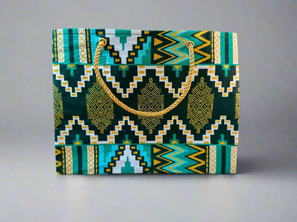 Ethnic, Fabric, Patterned, Handmade Dark Green, Green, White and Gold Small Wardrobe Bag - Gezia Accents