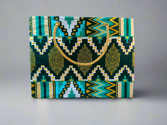 Ethnic, Fabric, Patterned, Handmade Dark Green, Green, White and Gold Small Wardrobe Bag - Gezia Accents