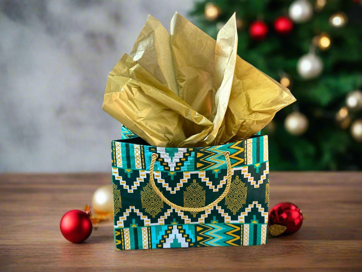 Ethnic, Fabric, Patterned, Handmade Dark Green, Green, White and Gold Small Wardrobe Bag - Gezia Accents