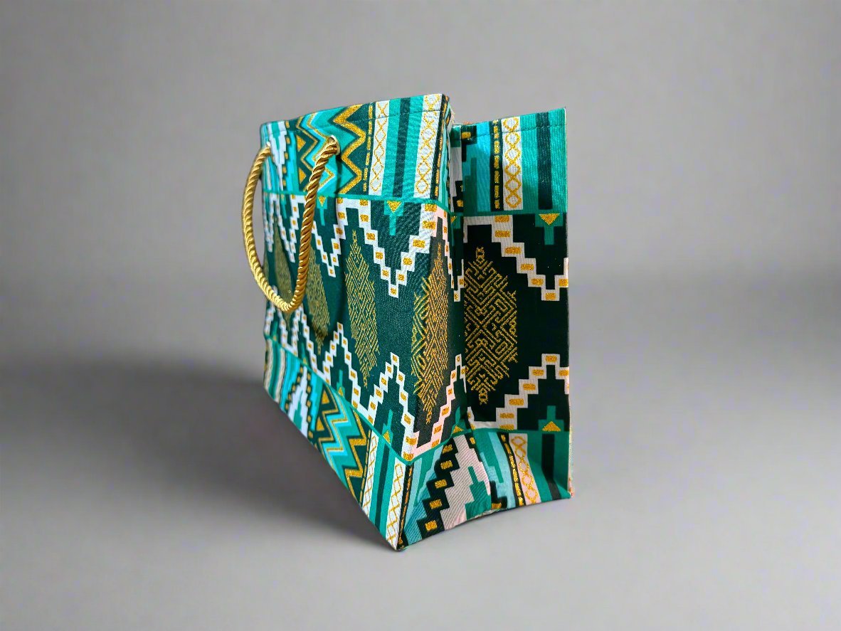 Ethnic, Fabric, Patterned, Handmade Dark Green, Green, White and Gold Small Wardrobe Bag - Gezia Accents