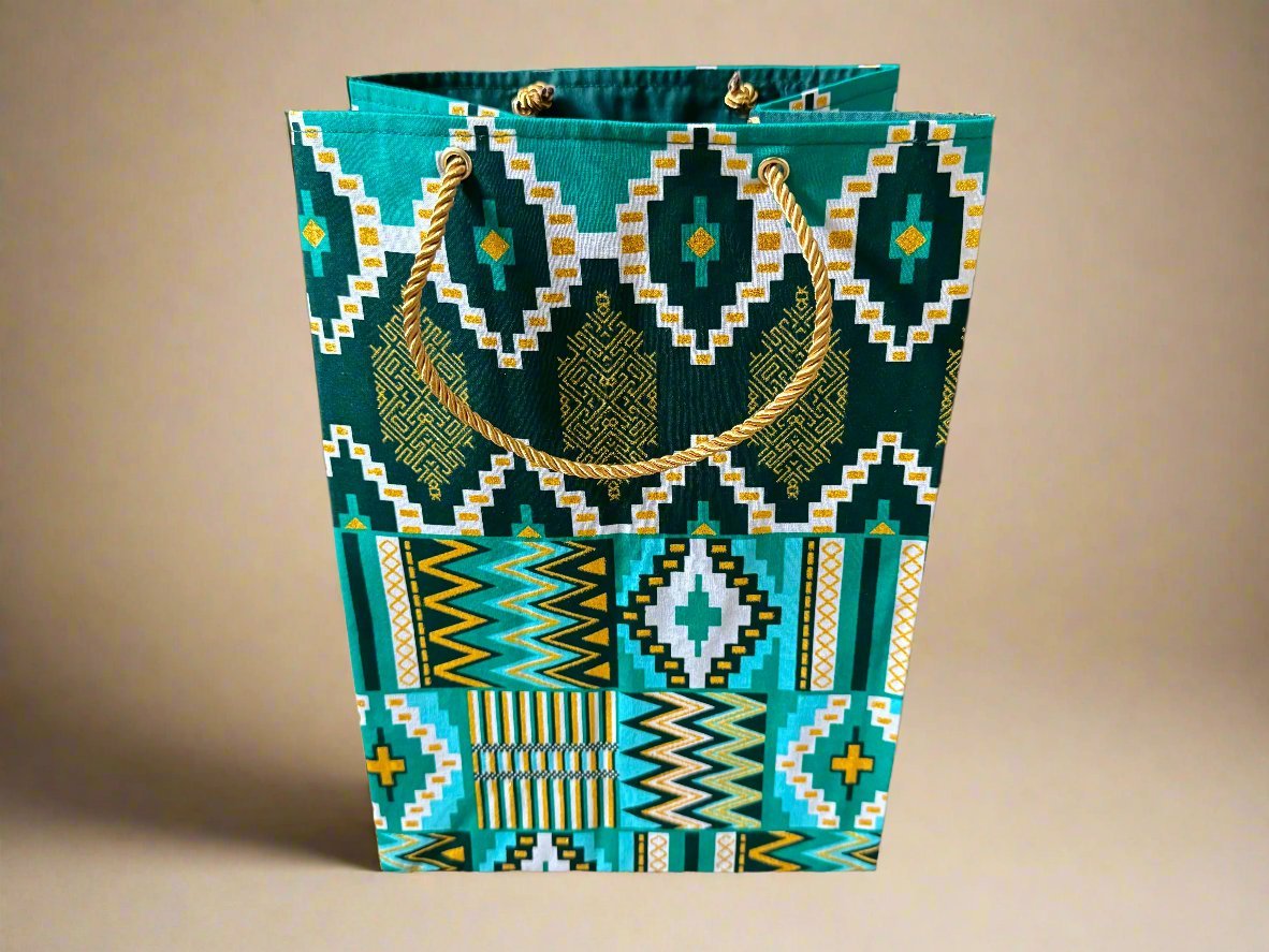 Ethnic, Fabric, Patterned, Handmade Dark Green, Green, White, and Gold Square Bags - Gezia Accents
