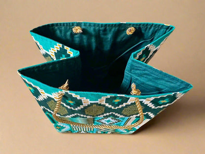 Ethnic, Fabric, Patterned, Handmade Dark Green, Green, White, and Gold Square Bags - Gezia Accents
