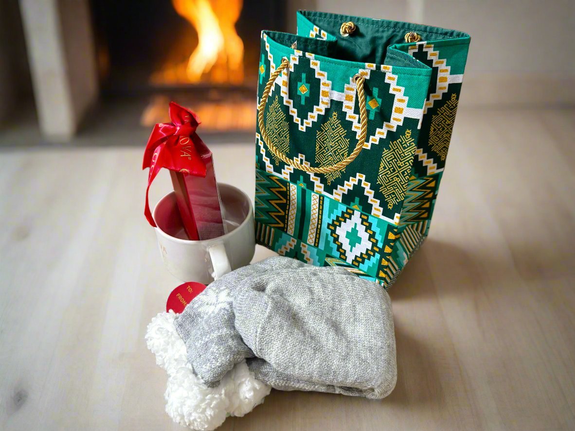 Ethnic, Fabric, Patterned, Handmade Dark Green, Green, White, and Gold Square Bags - Gezia Accents