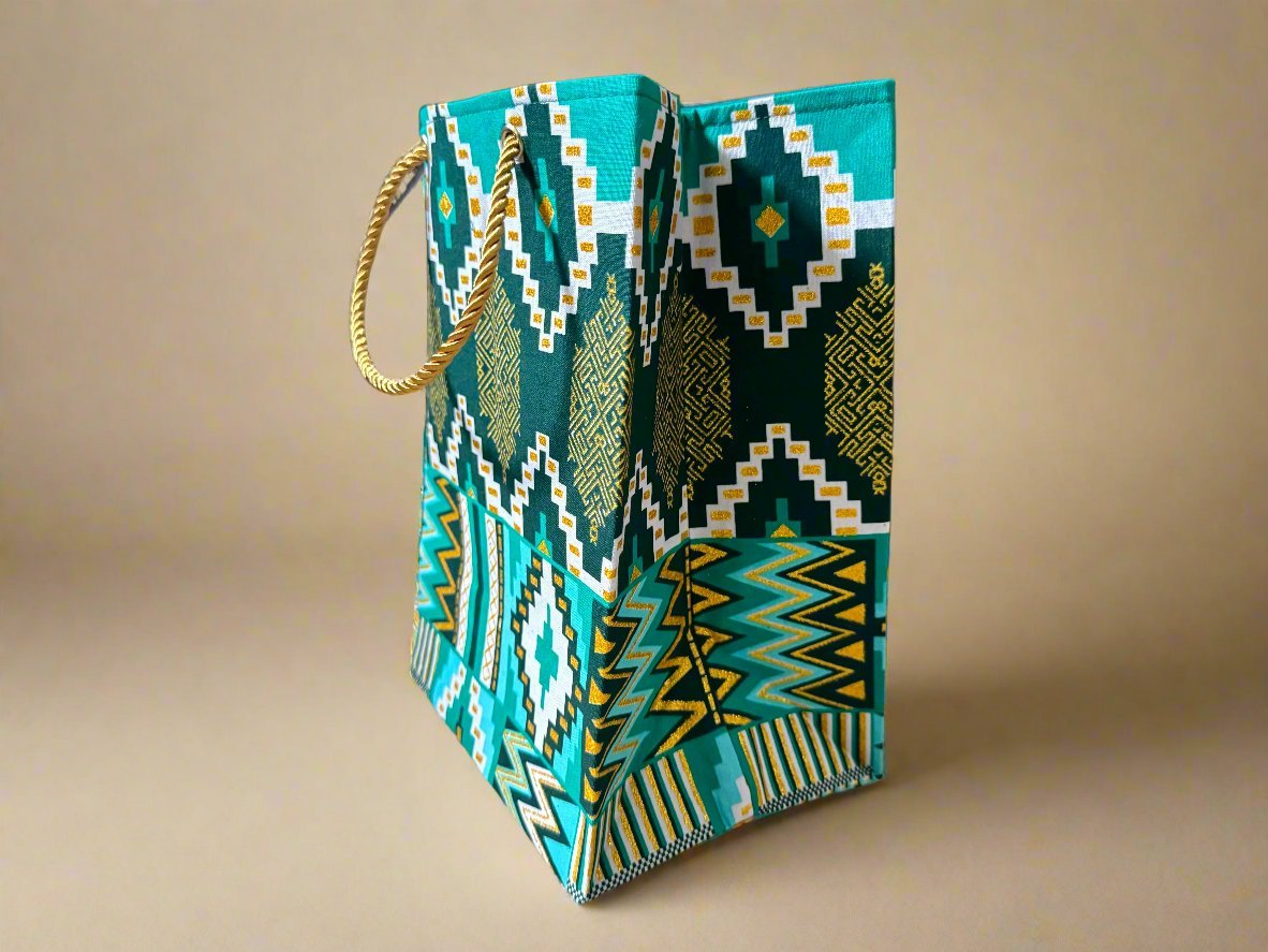 Ethnic, Fabric, Patterned, Handmade Dark Green, Green, White, and Gold Square Bags - Gezia Accents