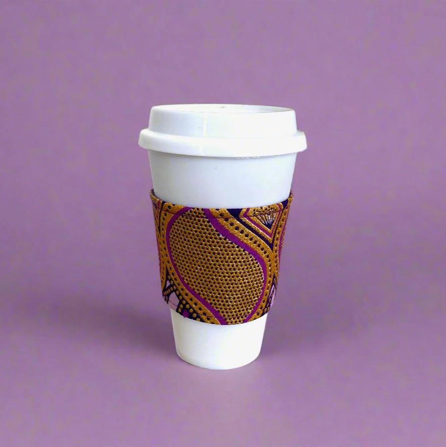 Ethnic, Fabric, Patterned, Handmade Dark Purple, Lavender, and Gold Cup Sleeve - Gezia Accents